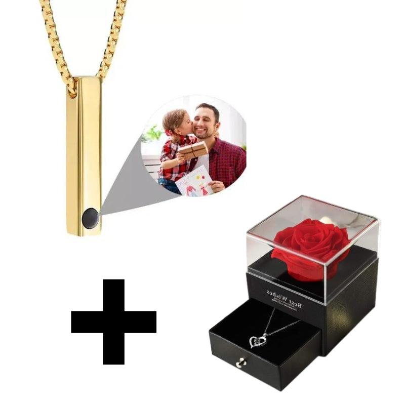 Colar Barra Memories - Foto e Escrita Personalizável + Caixa Com Rosa Encantada